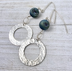 Blue Druzy Circle Earrings