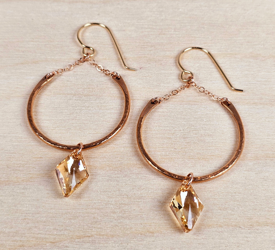 14K Gold Filled and Hammered Bronze Earrings with Swarovski Crystal