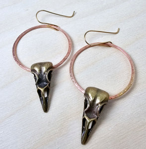 Brass Hoop Earrings with Bird Skulls