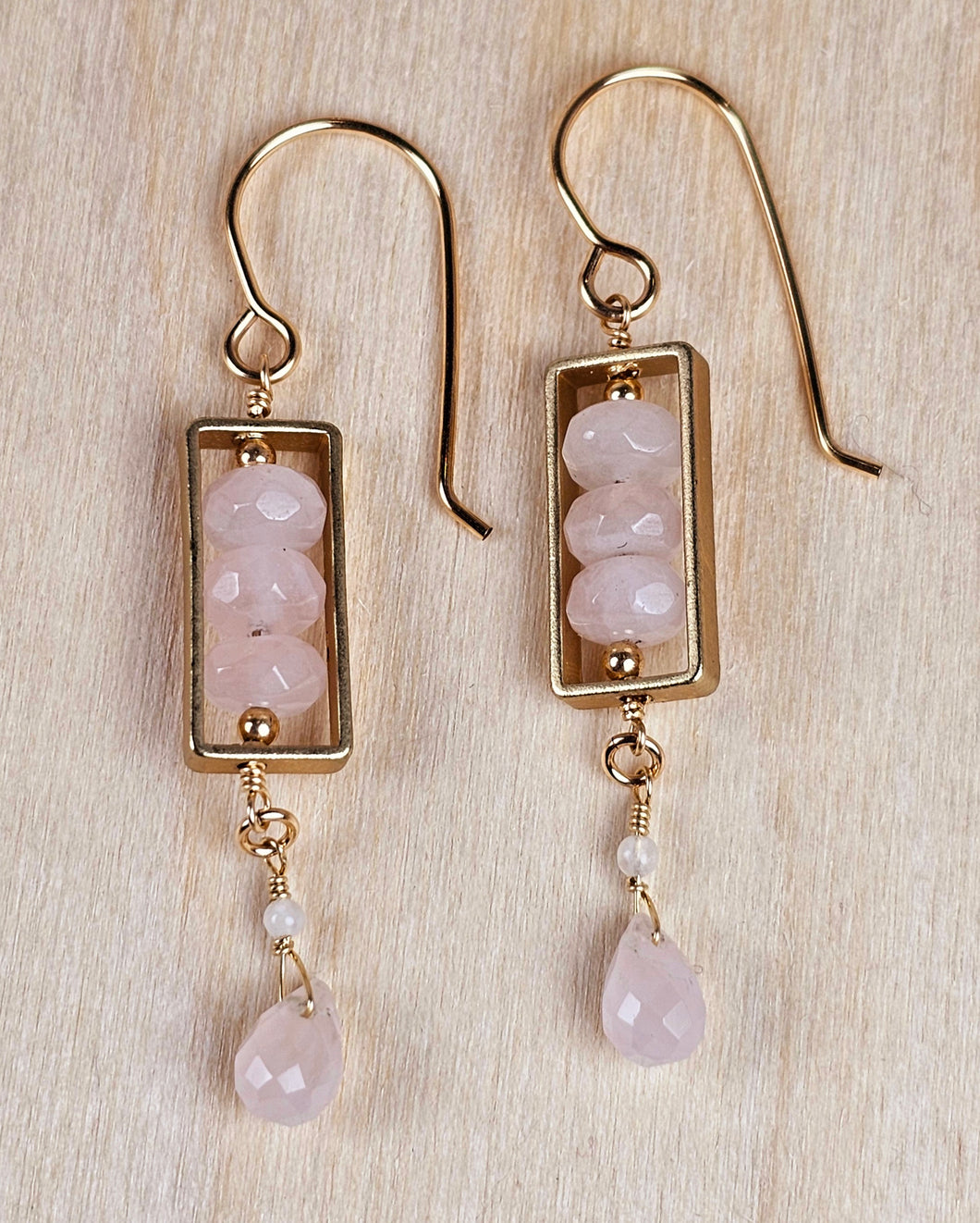 14K Gold Filled Rectangle Earrings with Rose Quartz