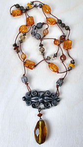 Leather Necklace with Carnelian, Resin, and Czech Glass