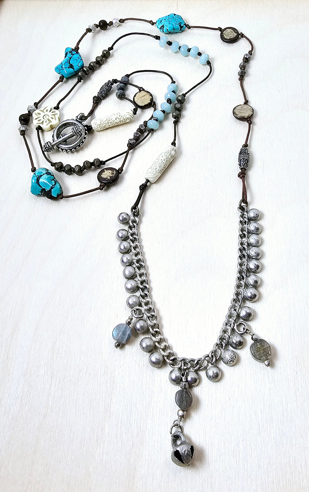 Leather Necklace with Turquoise, Amazonite, and Labradorite