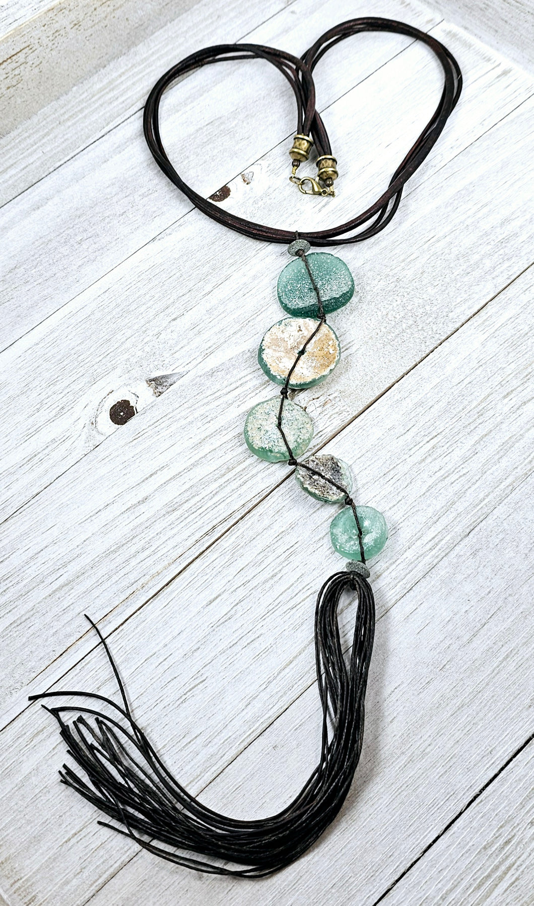 Brown Leather Necklace with Roman Glass Discs