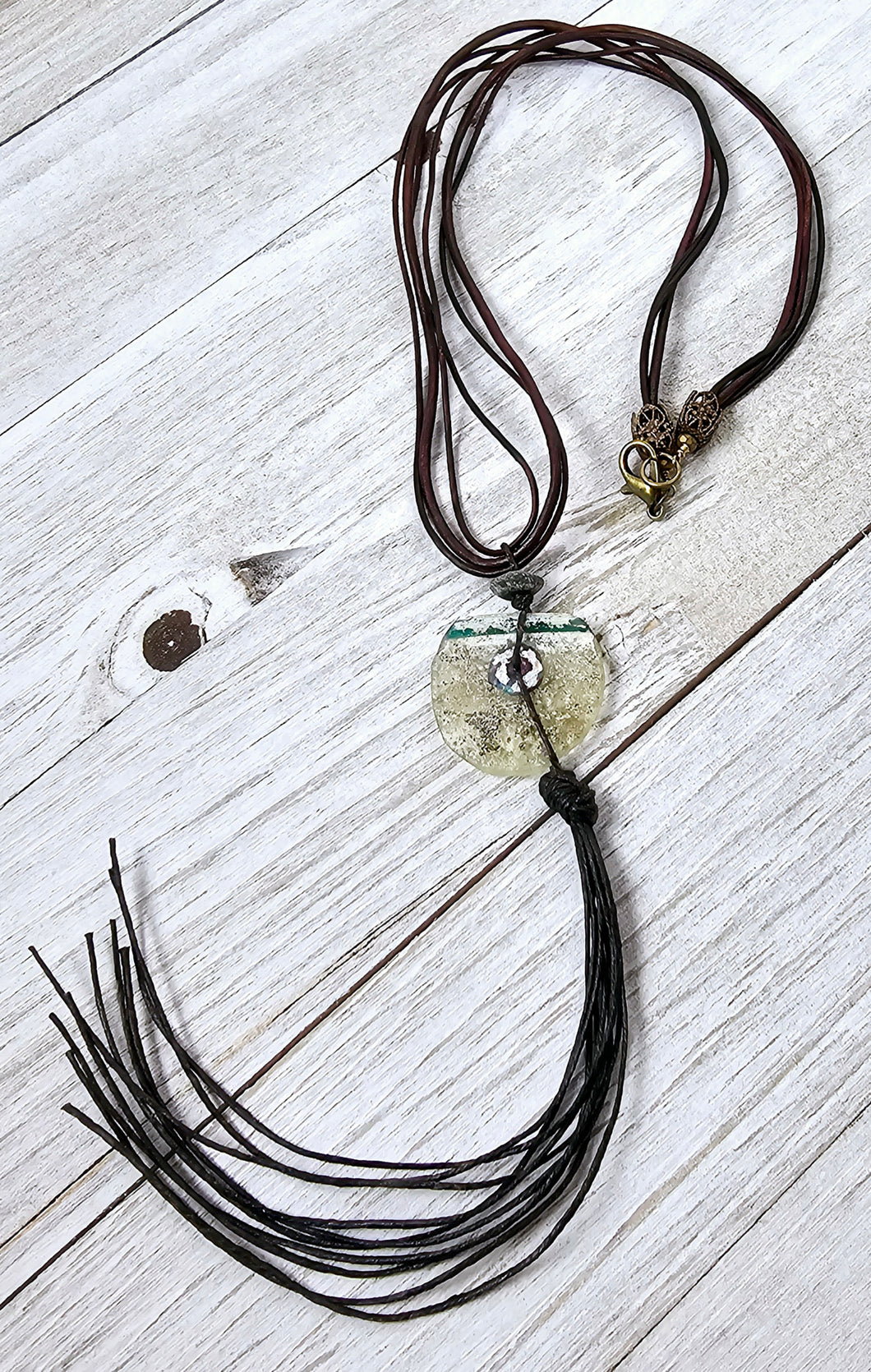 Leather Necklace with Roman Glass and Waxed Linen