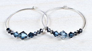 Sterling Silver Hoops with Blue Grey Swarovski Crystals