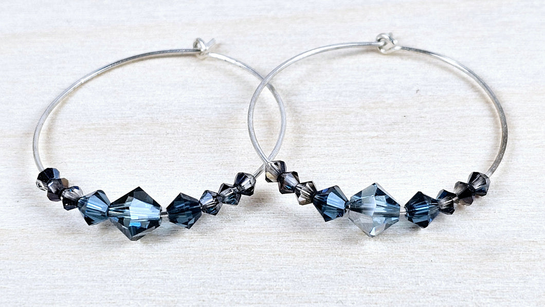 Sterling Silver Hoops with Blue Grey Swarovski Crystals