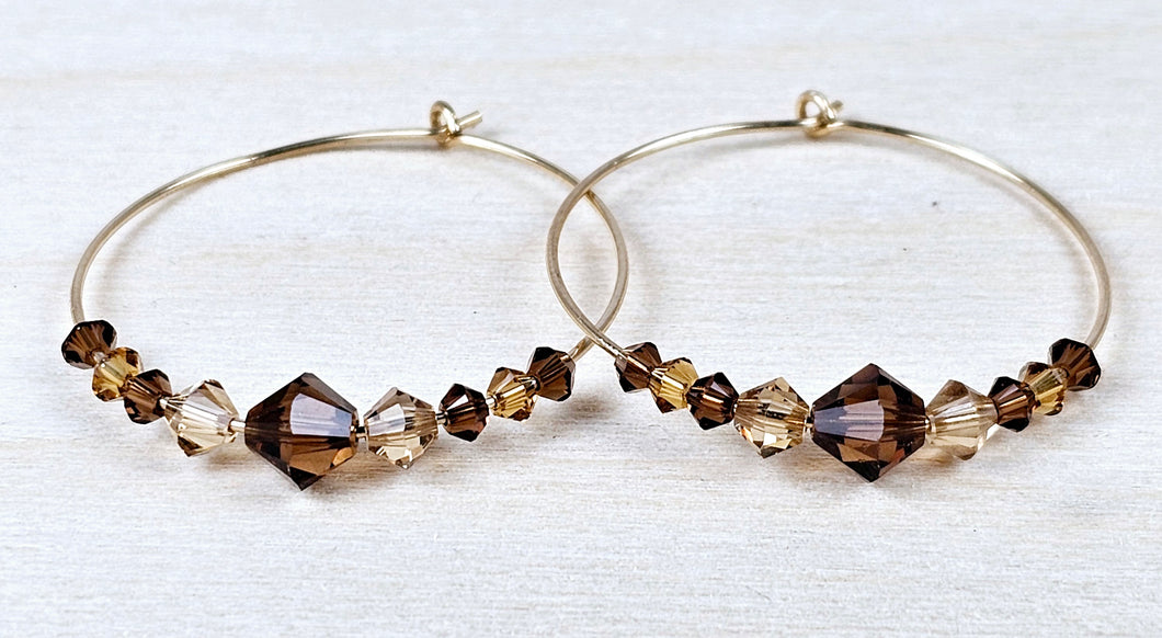 14K Gold Filled Hoops with Smoky Swarovski Crystals