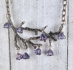 Silver Tree Branch Necklace with Lavender Czech Glass Flowers