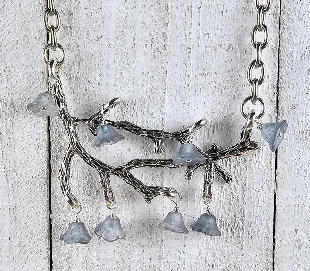 Silver Tree Branch Necklace with Blue Czech Glass Flowers