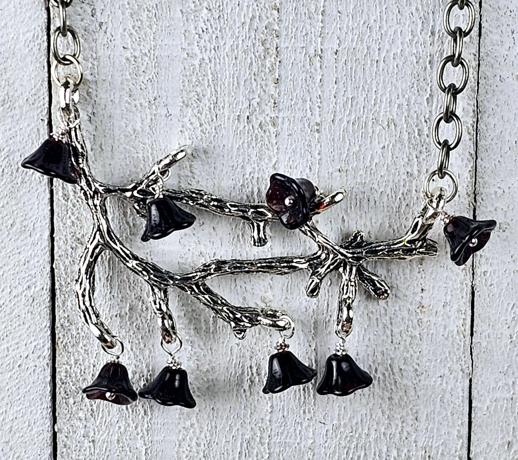 Silver Branch Necklace with Garnet Czech Glass Flowers