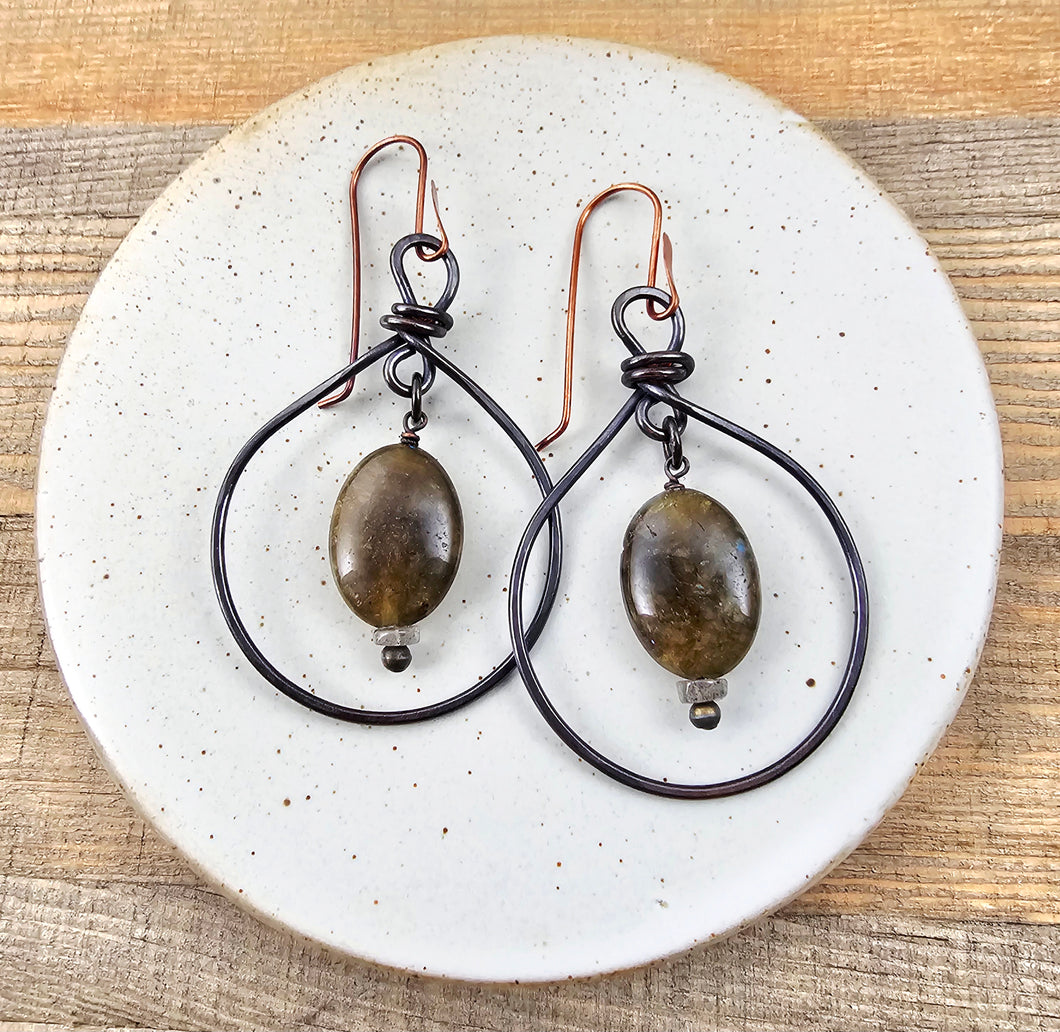 Copper Twisted Teardrop Earrings with Green Labradorite