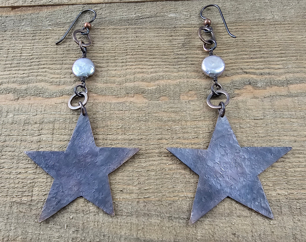 Copper Star Earrings with Freshwater Pearls