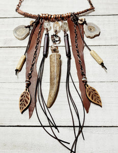 Copper Tribal Necklace with Antler and Leather