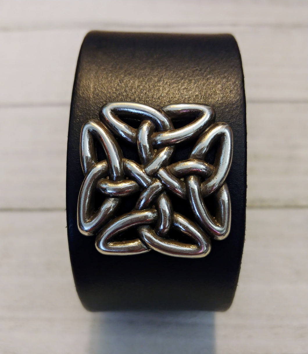 Black Leather Cuff with Celtic Square Knot