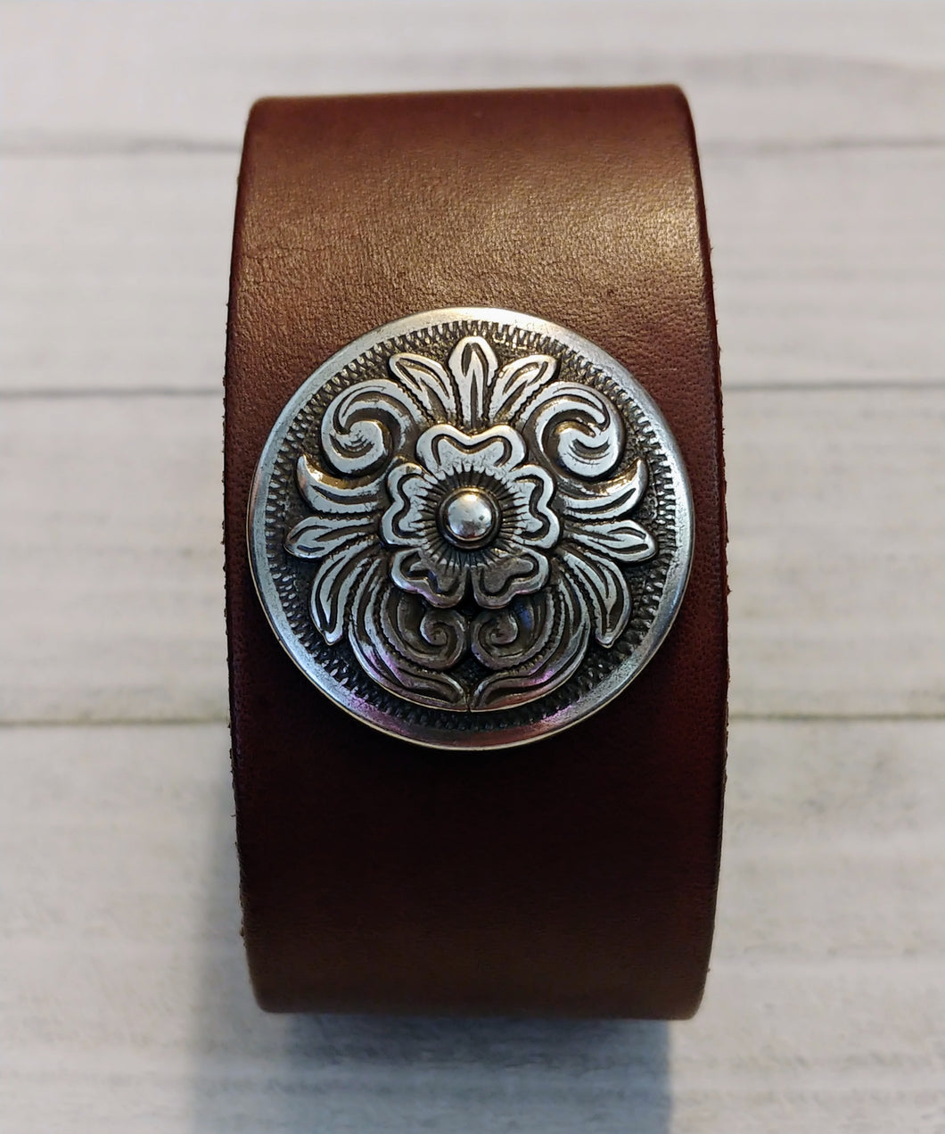 Brown Leather Cuff with Flower Concho