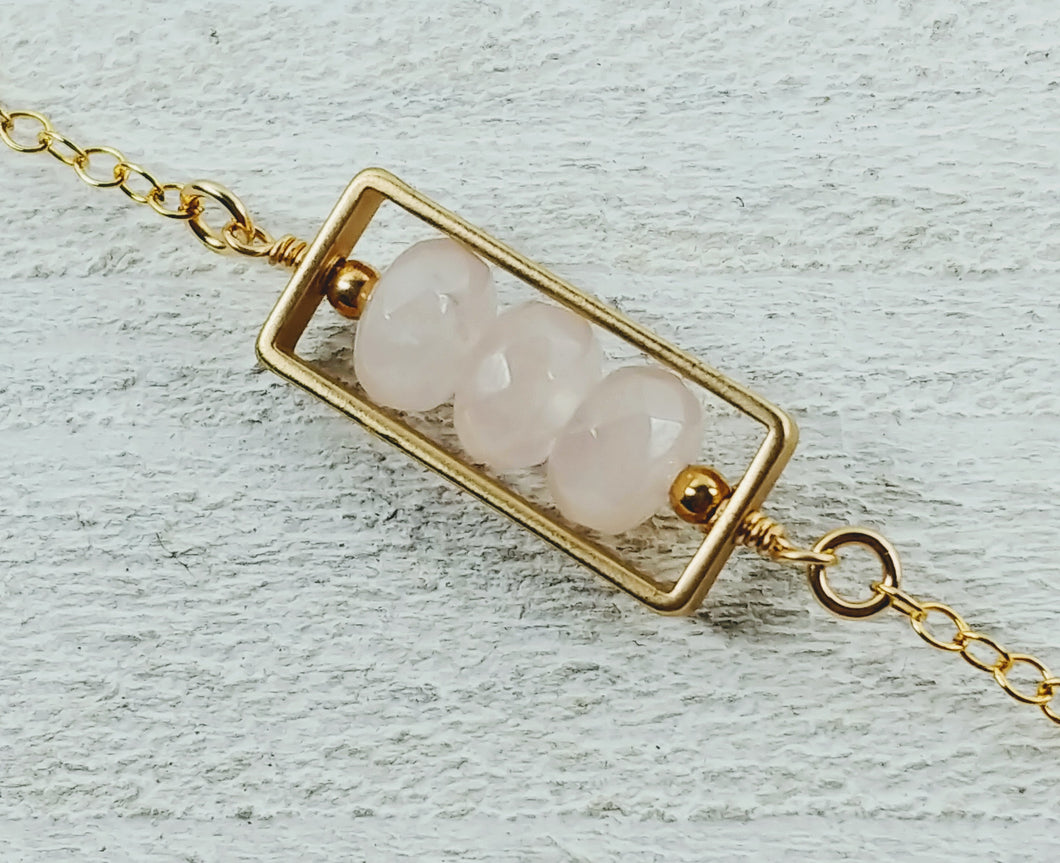 Gold Filled Rectangle Necklace with Rose Quartz