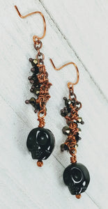 Copper Earrings with Black Onyx Skull