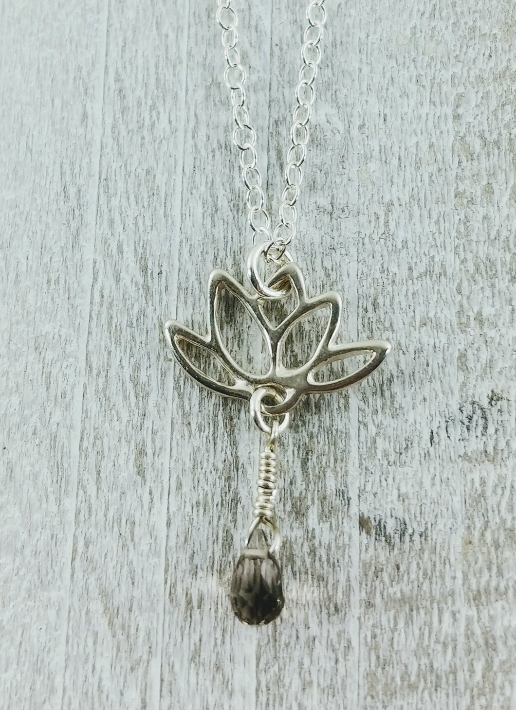 Sterling Silver Lotus Necklace with Smoky Quartz