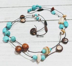 Leather Necklace with Turquoise, Wood, and Shell