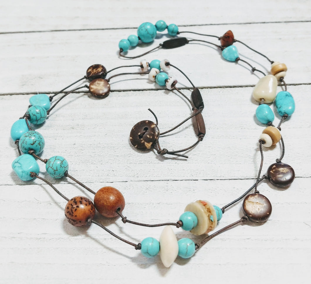 Leather Necklace with Turquoise, Wood, and Shell