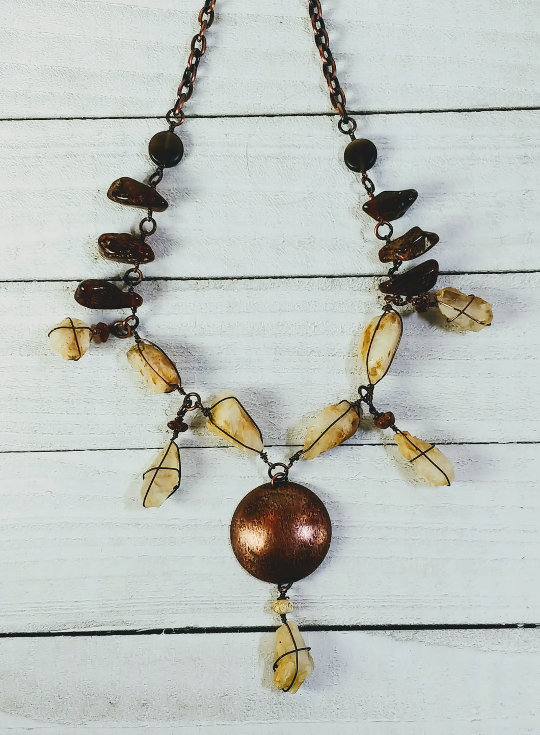 Copper Moon Necklace with Quartz and Amber