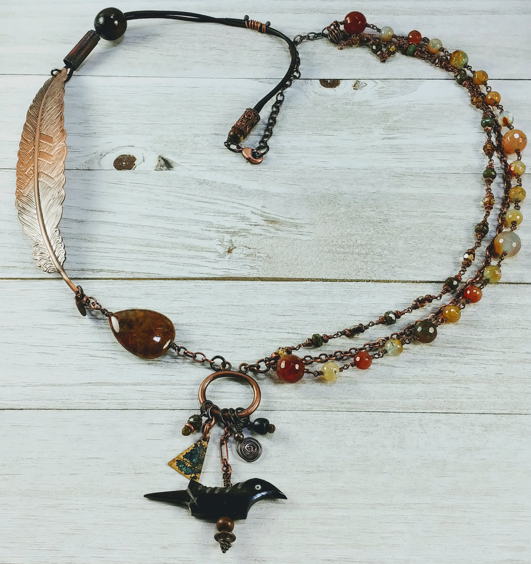 Copper Feather Necklace with Agate and Carnelian