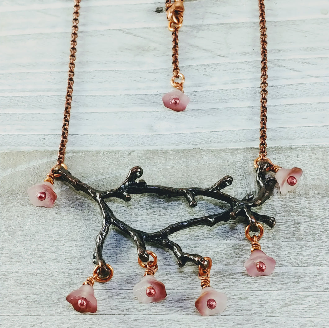 Copper Branch Necklace with Pink Bell Flowers