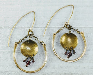 Brass Hoop Earrings with Garnet