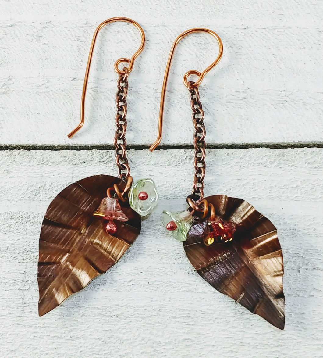 Copper Leaf Earrings with Bell Flowers