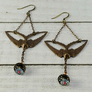 Brass Bird Earrings with Bell Flowers