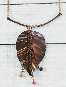 Copper Leaf Necklace with Watermelon Tourmaline