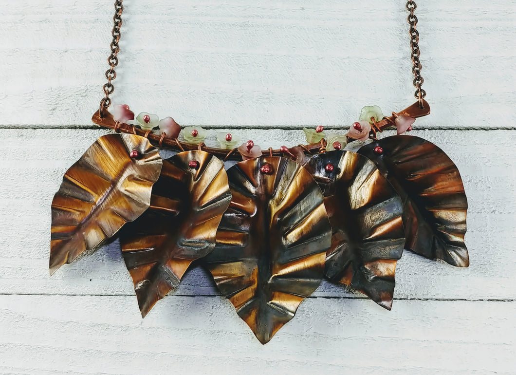 Copper Leaves Necklace with Pink and Green Bell Flowers