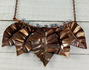 Copper Leaves Necklace with Blue Bell Flowers