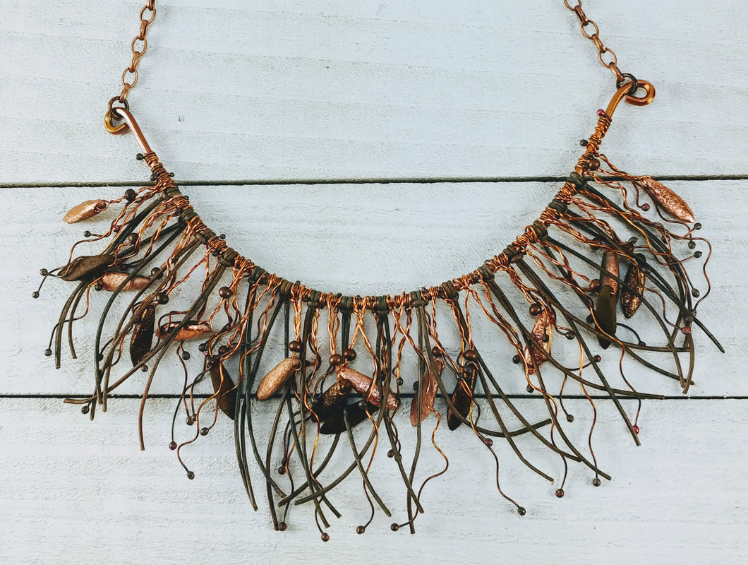 Tribal Copper and Leather Necklace with Czech Glass Daggers