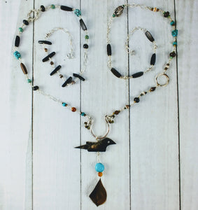 Sterling Silver Bird Necklace with Horn and Turquoise